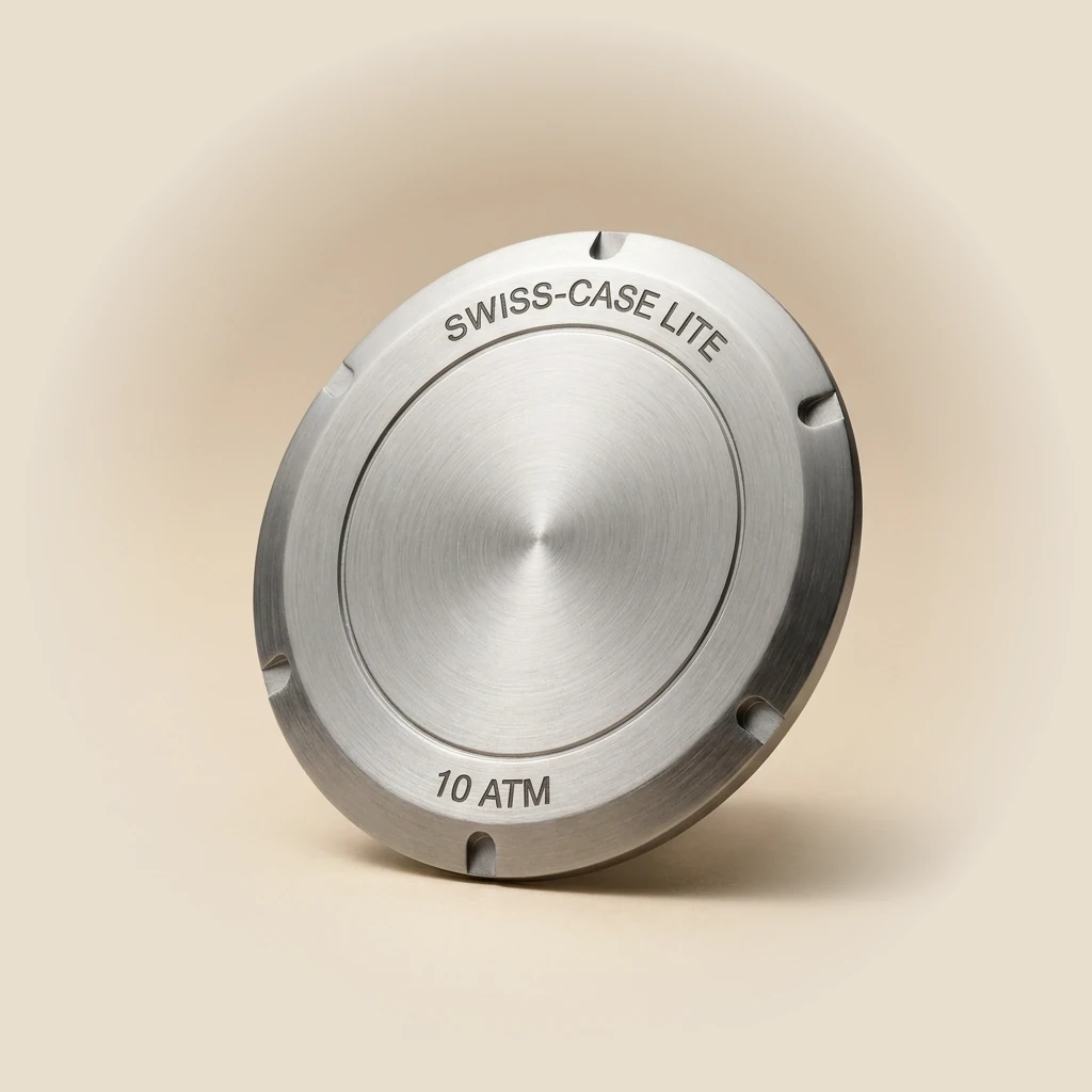 The Swiss-case Lite case-back in brushed 316L steel, engraved Swiss-case Lite and 10 ATM